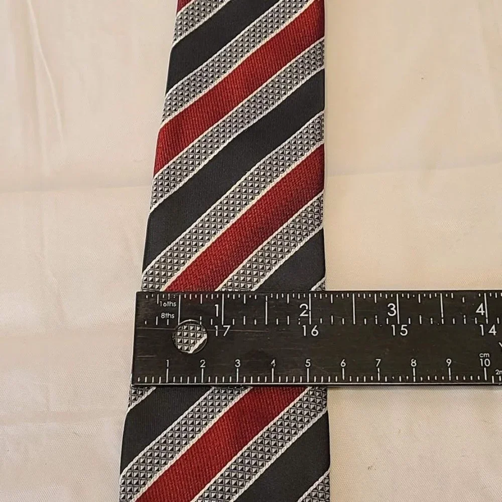 George Boys Clip On Tie Black Gray Red Striped 15